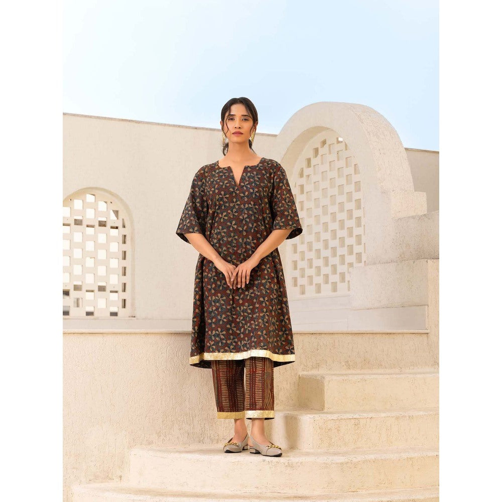 Naseebo Brown Floral Symphony Ajrakh Kurta with Pant (Set of 2)