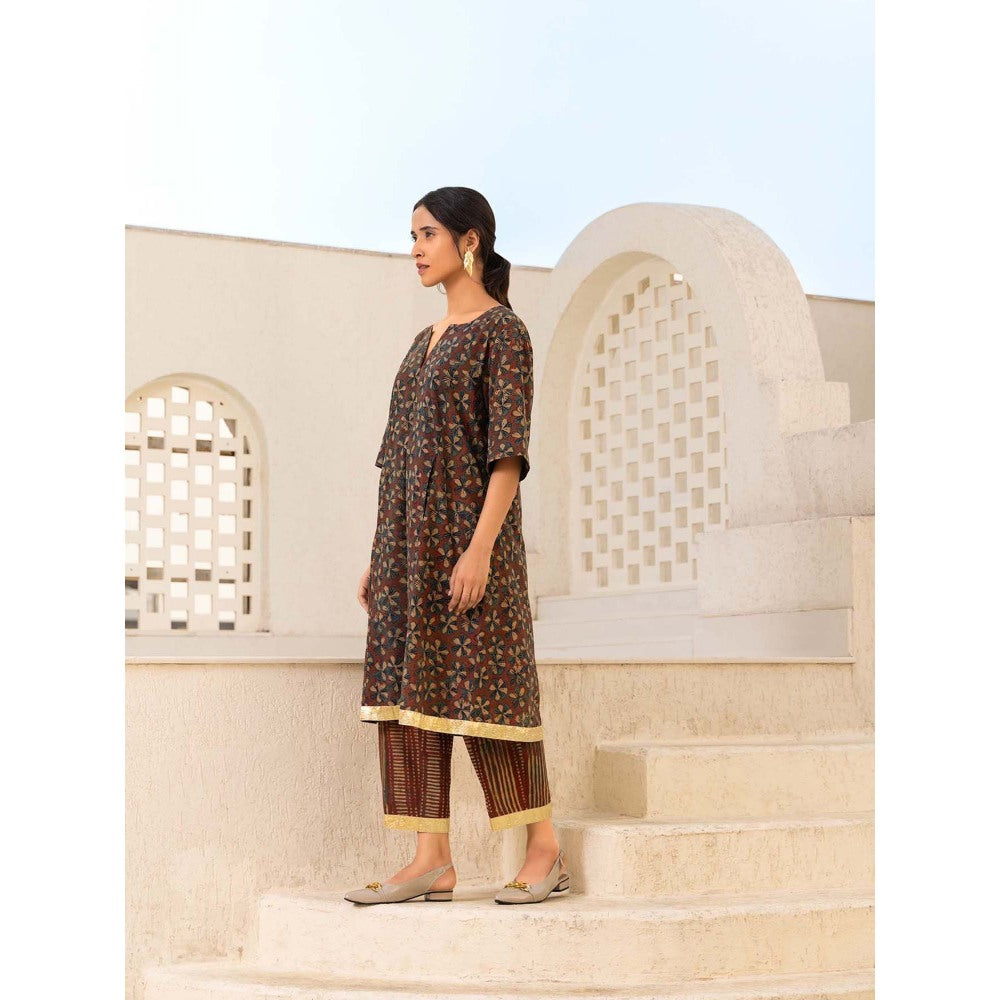 Naseebo Brown Floral Symphony Ajrakh Kurta with Pant (Set of 2)