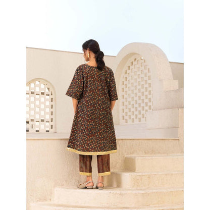 Naseebo Brown Floral Symphony Ajrakh Kurta with Pant (Set of 2)