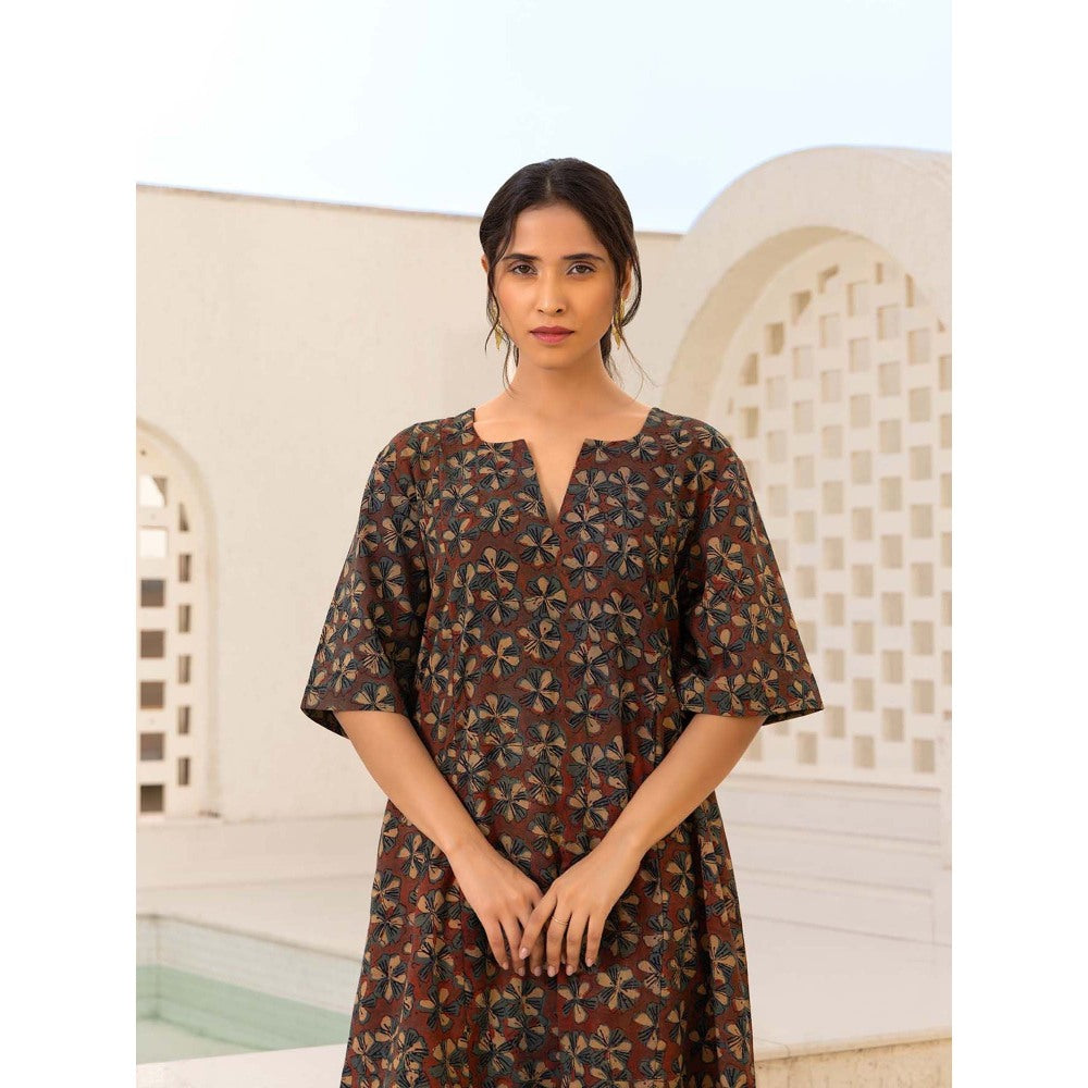 Naseebo Brown Floral Symphony Ajrakh Kurta with Pant (Set of 2)