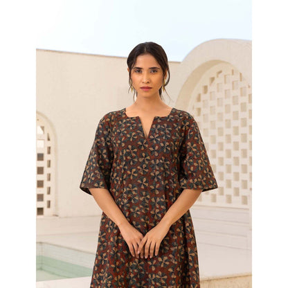 Naseebo Brown Floral Symphony Ajrakh Kurta with Pant (Set of 2)
