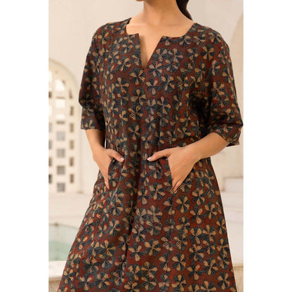 Naseebo Brown Floral Symphony Ajrakh Kurta with Pant (Set of 2)