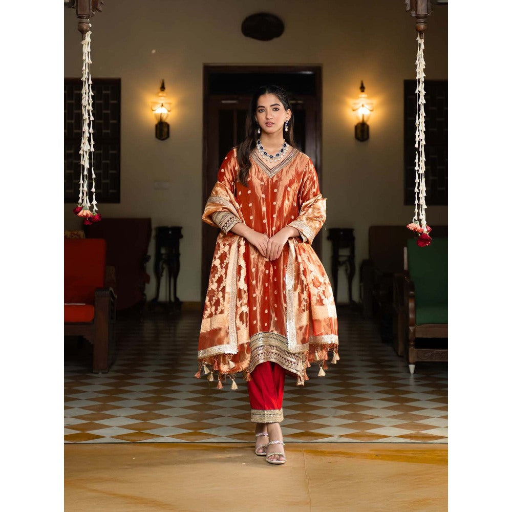 Naseebo Royal Rust Banarasi Silk Kurta with Pant and Dupatta (Set of 3)