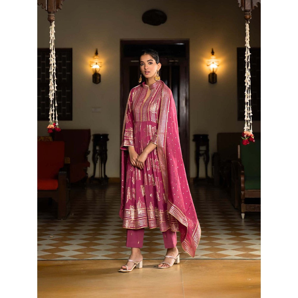 Naseebo Wine Luxe Anarkali with Pant and Dupatta (Set of 3)