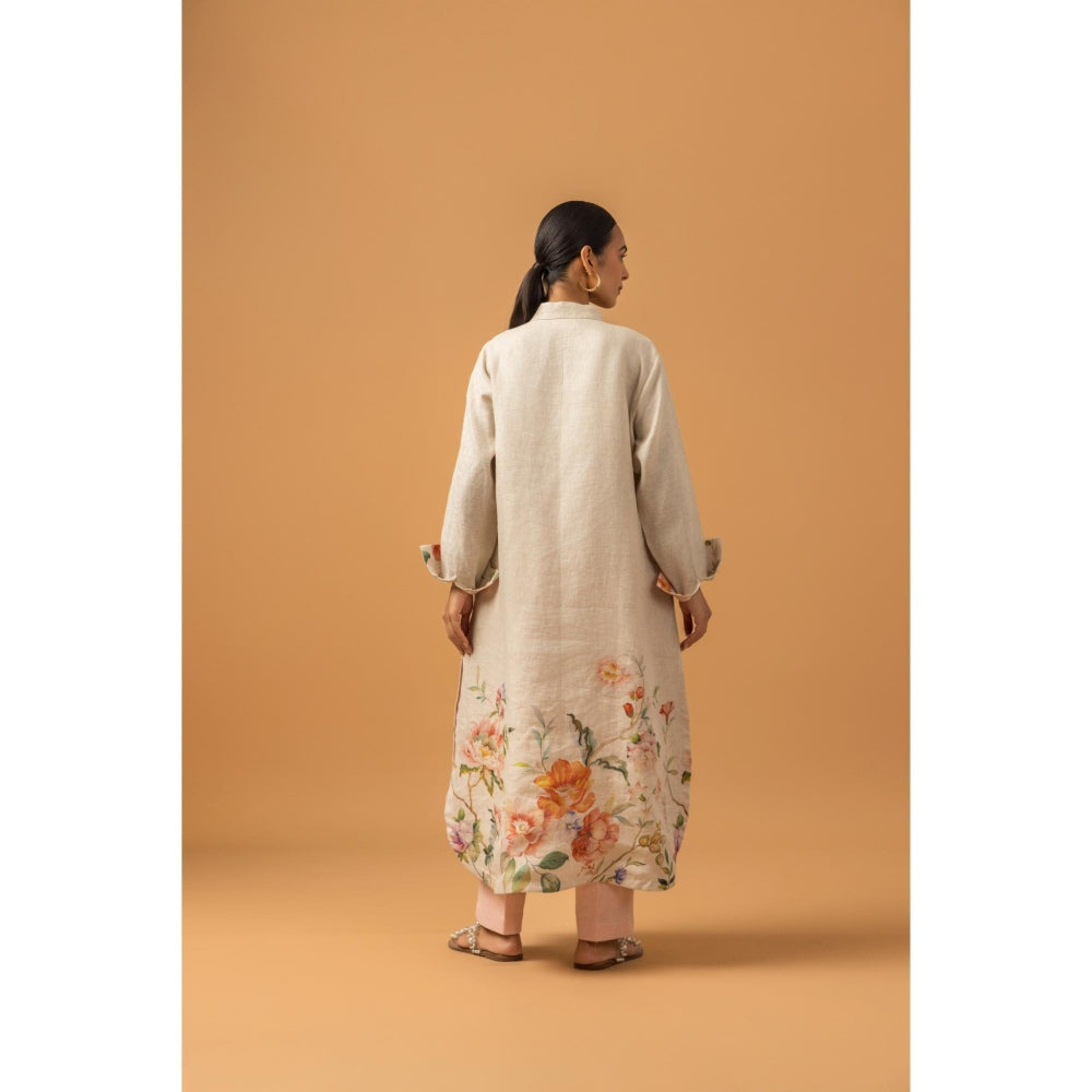 Naseebo Pearl Floral Trail Linen Premium Kurta with Pant - Beige