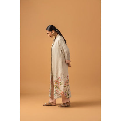 Naseebo Pearl Floral Trail Linen Premium Kurta with Pant - Beige