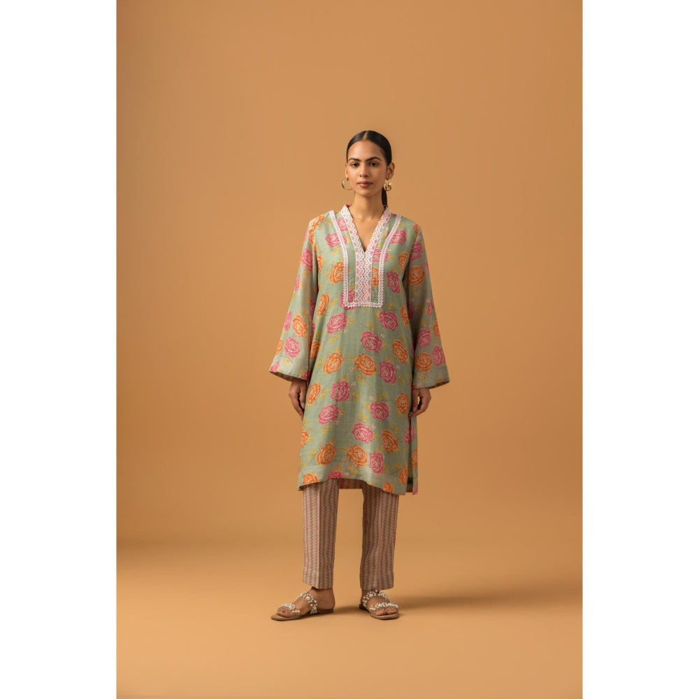 Naseebo Sage Green Rose Linen Premium Kurta with Pant
