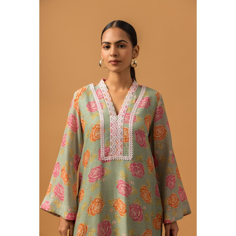 Naseebo Sage Green Rose Linen Premium Kurta with Pant