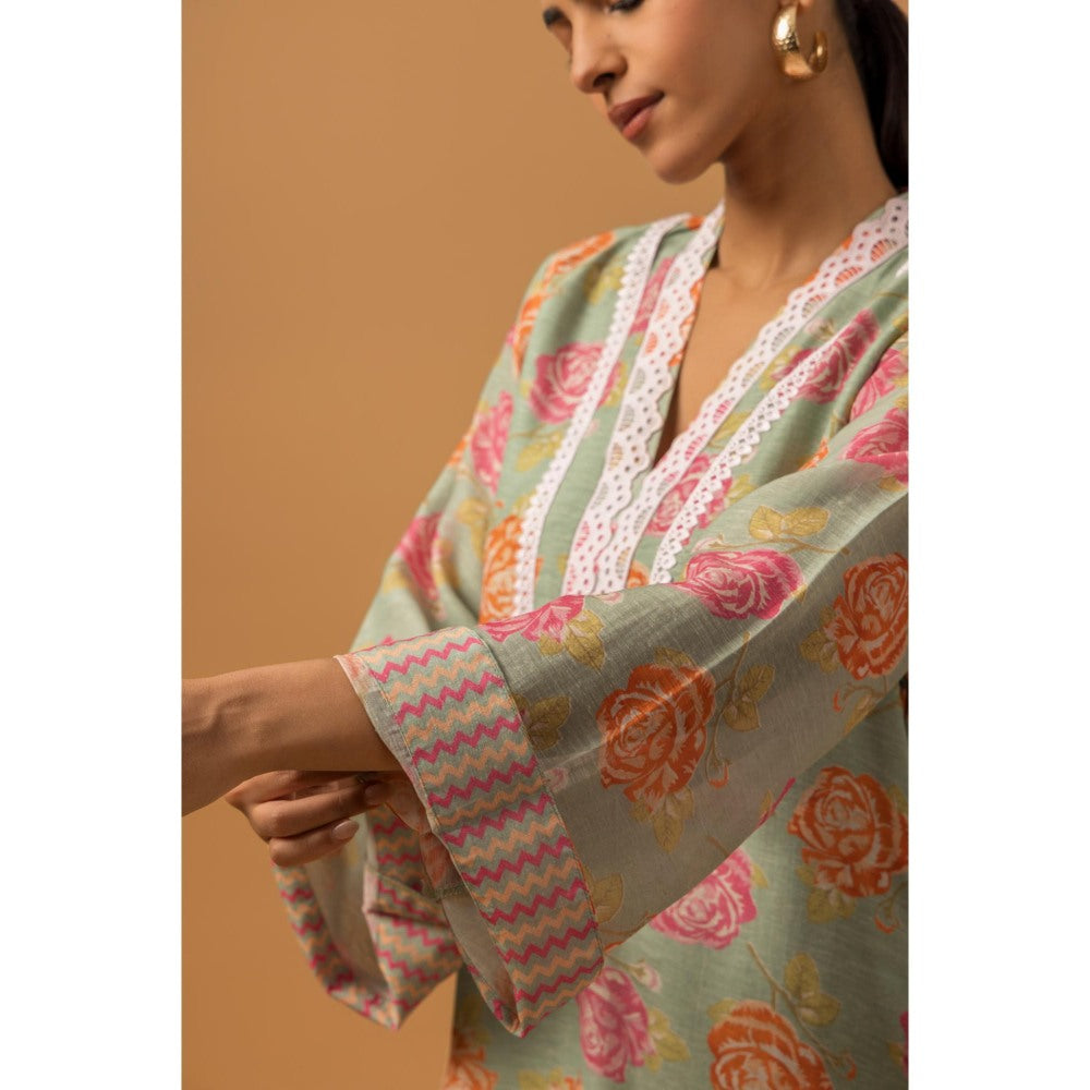 Naseebo Sage Green Rose Linen Premium Kurta with Pant