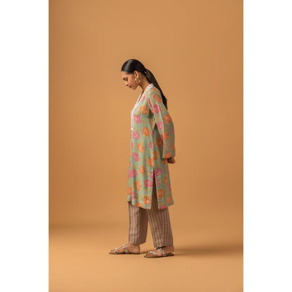 Naseebo Sage Green Rose Linen Premium Kurta with Pant