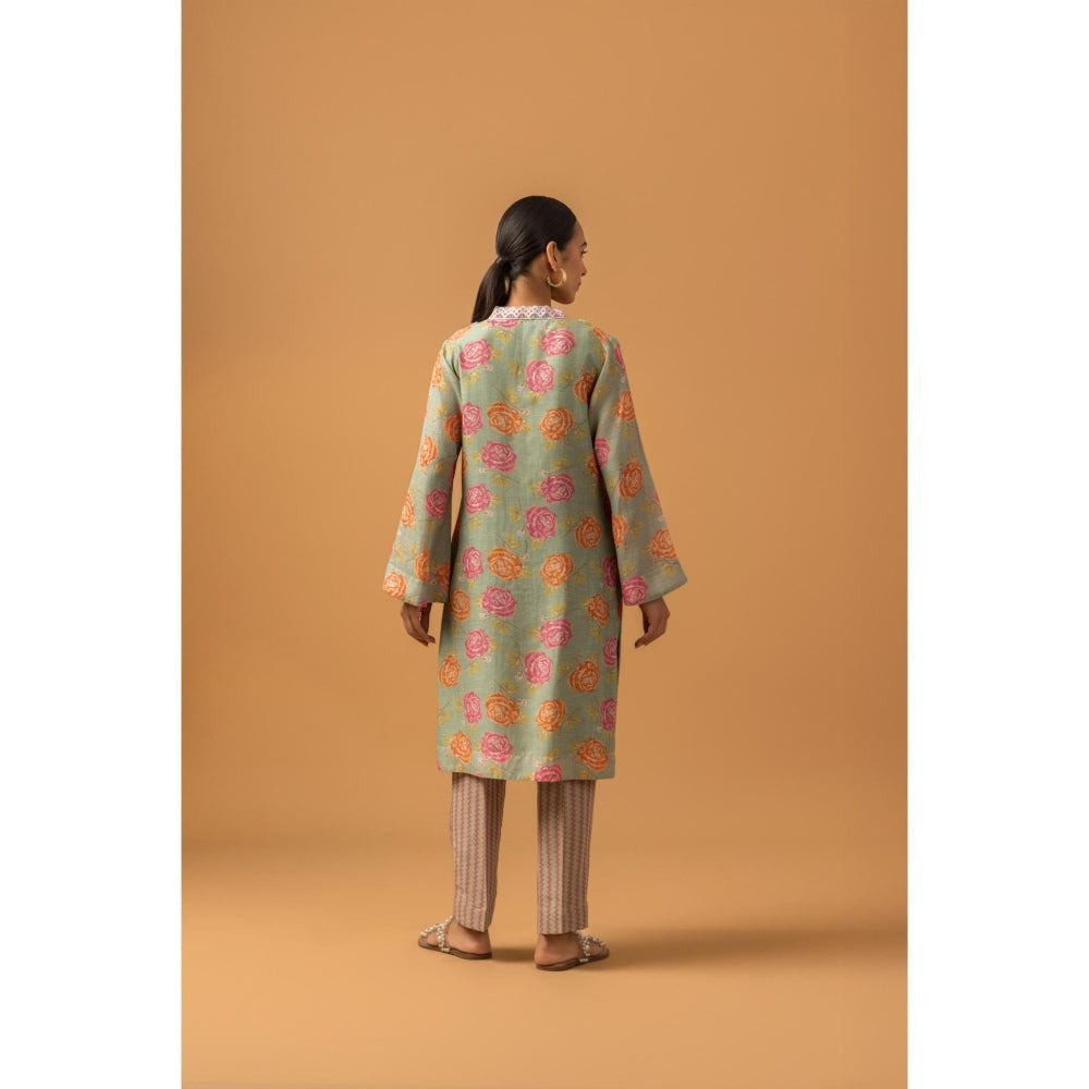 Naseebo Sage Green Rose Linen Premium Kurta with Pant