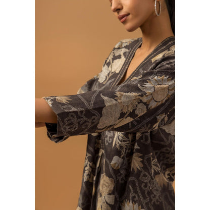 Naseebo Noir Floral Linen Premium Kurta with Pant - Black