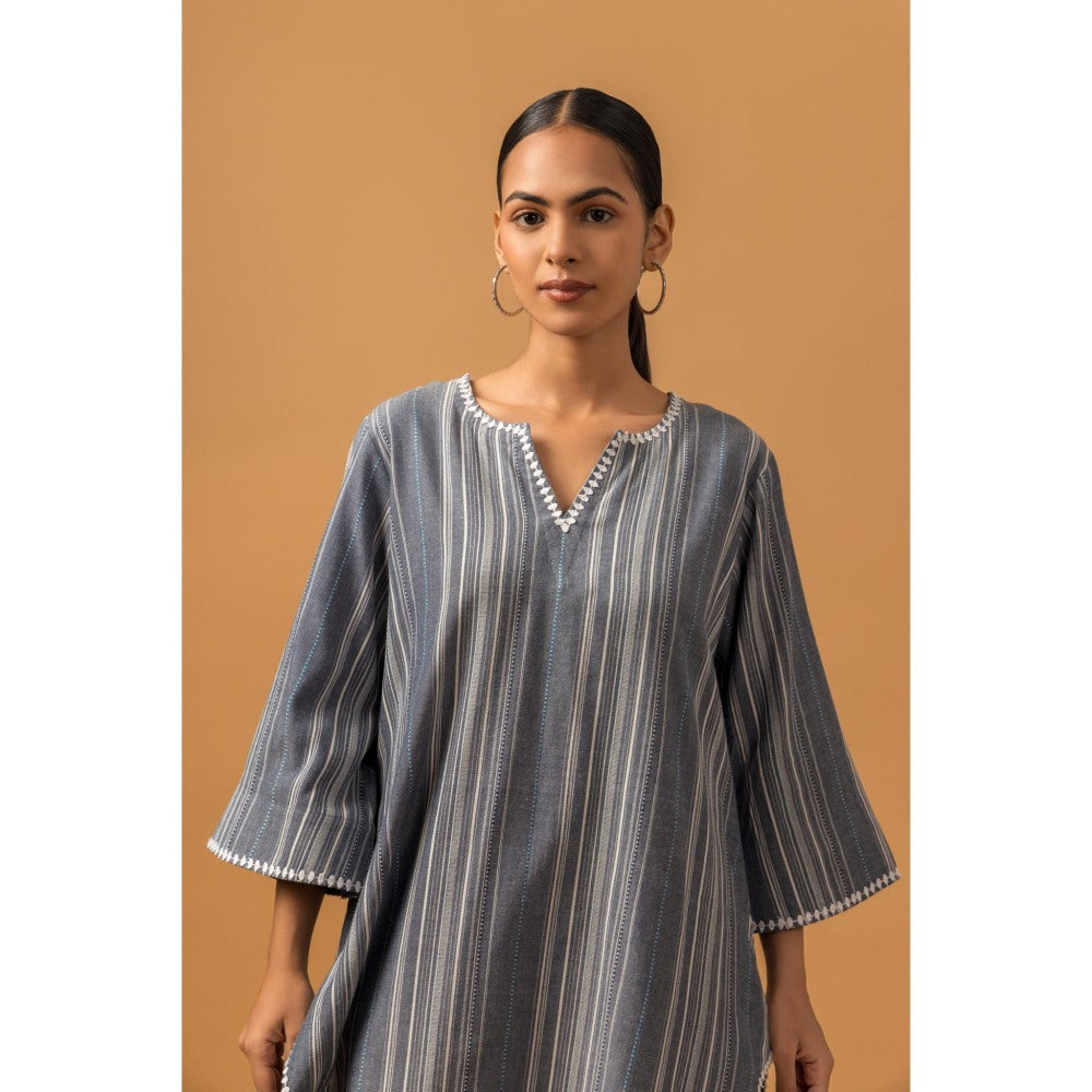 Naseebo Graphite Stripe Linen Premium Kurta with Pant - Grey