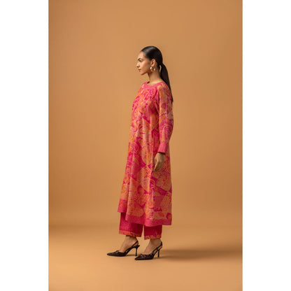 Naseebo Roseate Motif Linen Premium Kurta with Pant - Pink