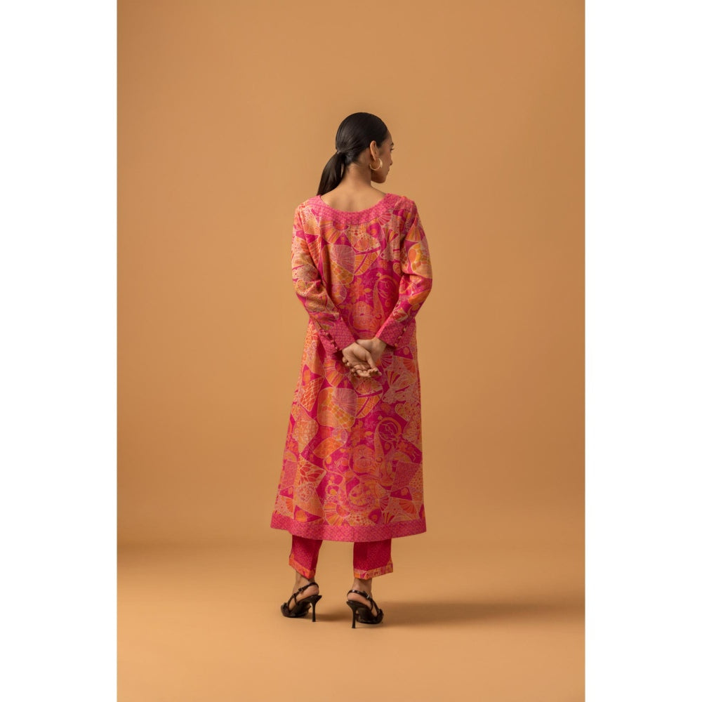 Naseebo Roseate Motif Linen Premium Kurta with Pant - Pink