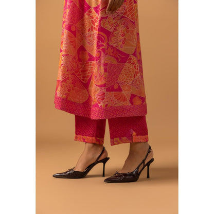 Naseebo Roseate Motif Linen Premium Kurta with Pant - Pink