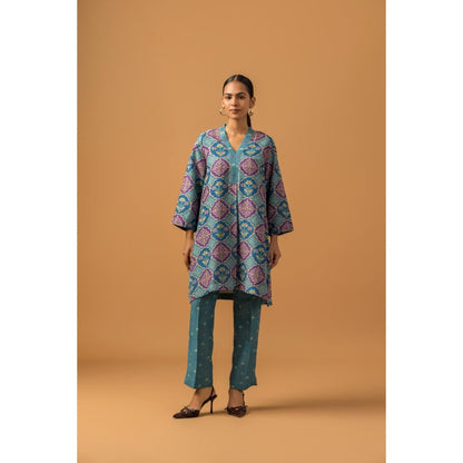 Naseebo Teal Medallion Linen Premium Co-Ord - Blue