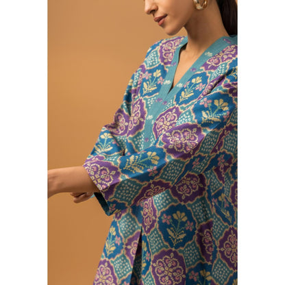 Naseebo Teal Medallion Linen Premium Co-Ord - Blue
