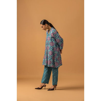 Naseebo Teal Medallion Linen Premium Co-Ord - Blue