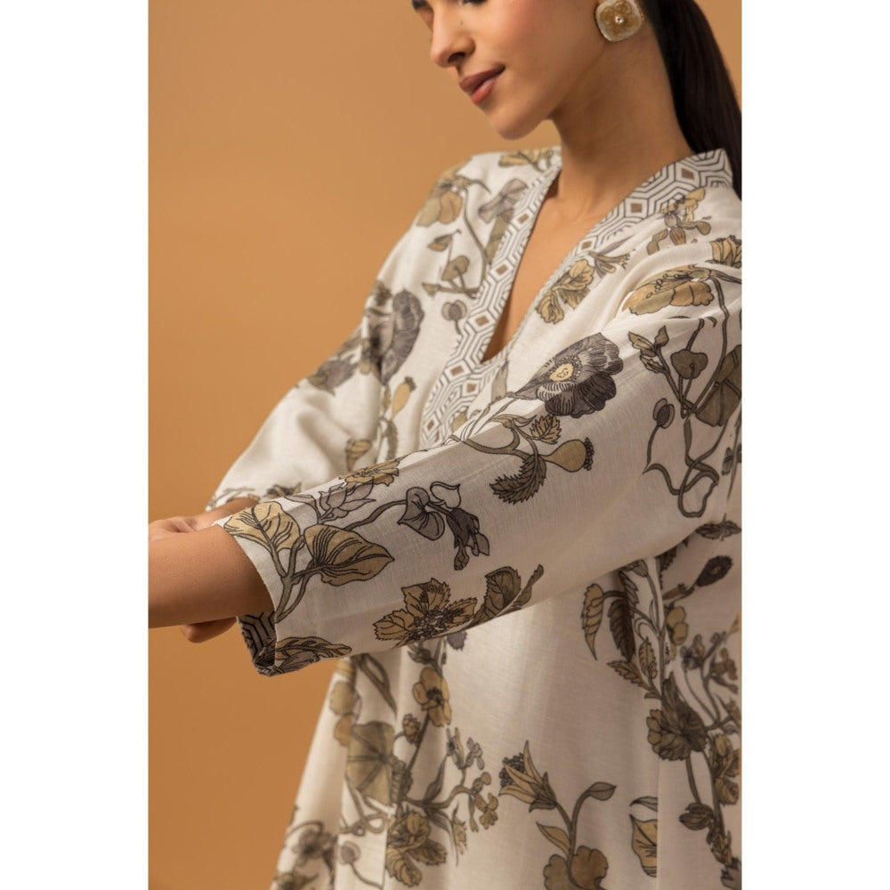 Naseebo Lunar Flora Linen Premium Kurta with Pant - Off White