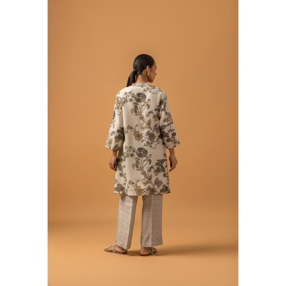 Naseebo Lunar Flora Linen Premium Kurta with Pant - Off White