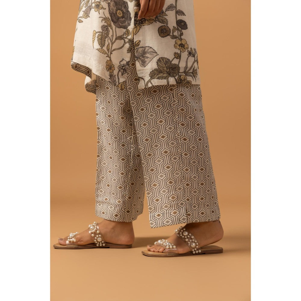 Naseebo Lunar Flora Linen Premium Kurta with Pant - Off White
