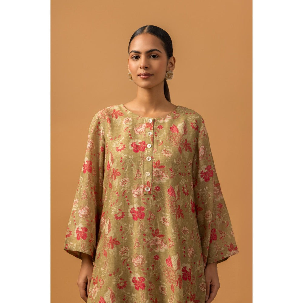 Naseebo Amber Floral Linen Premium Co-Ord Set - Beige
