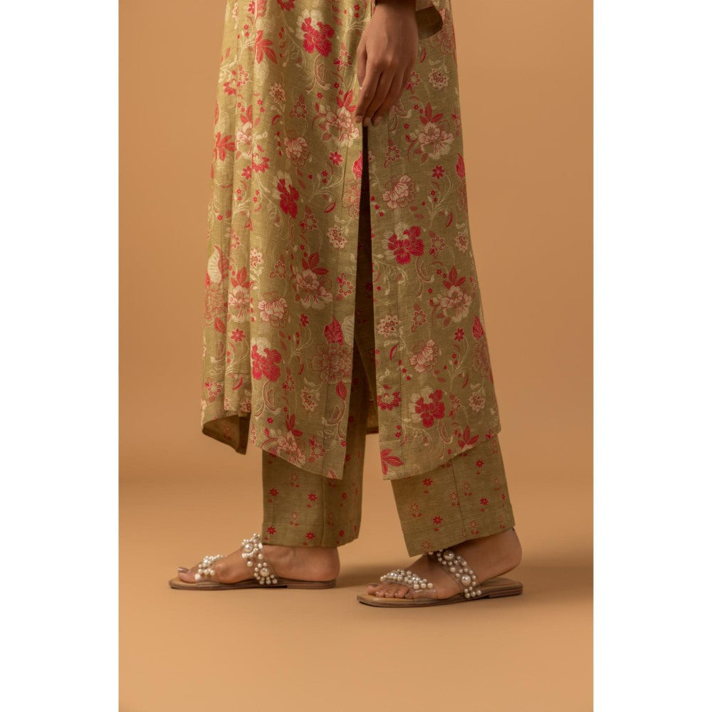 Naseebo Amber Floral Linen Premium Co-Ord Set - Beige