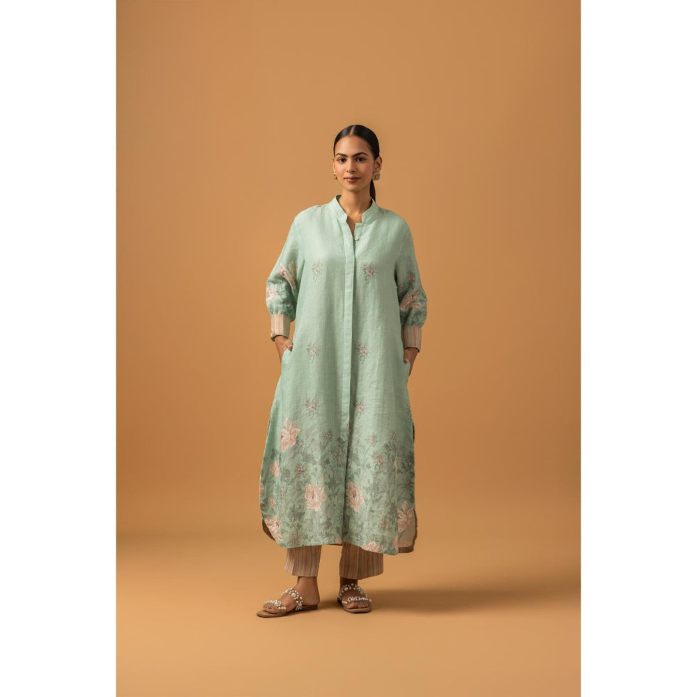 Naseebo Mint Blush Linen Premium Kurta with Pant - Blue
