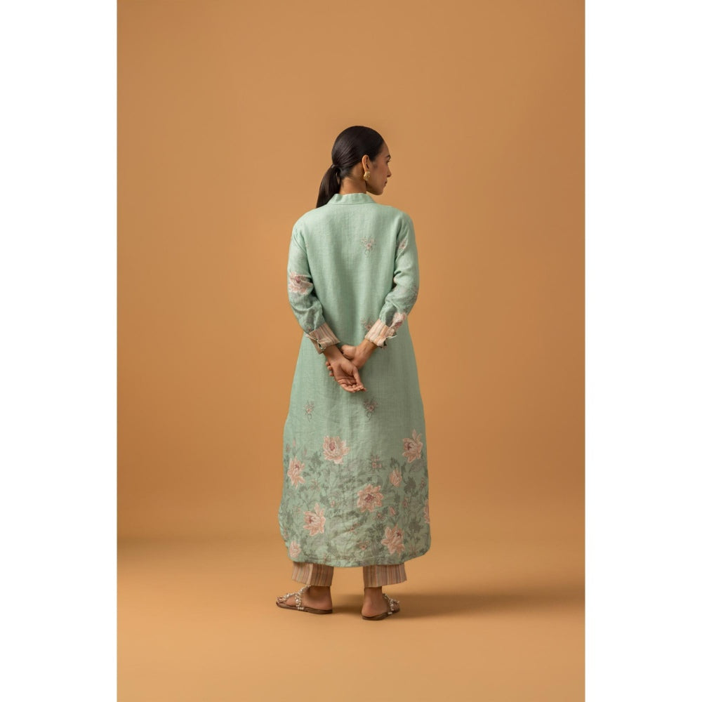 Naseebo Mint Blush Linen Premium Kurta with Pant - Blue