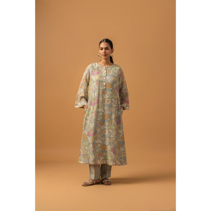 Naseebo Cyan Bloom Linen Premium Kurta with Pant - Blue
