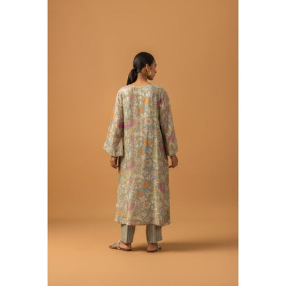 Naseebo Cyan Bloom Linen Premium Kurta with Pant - Blue
