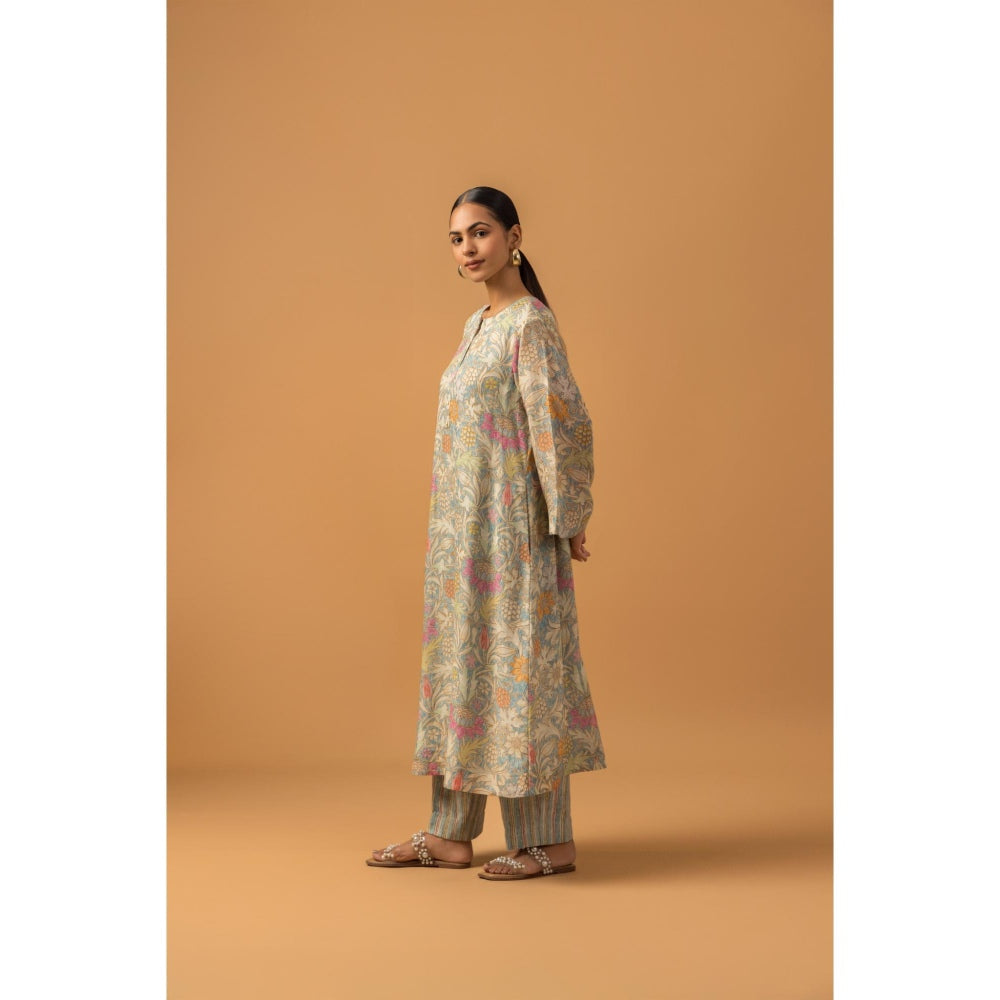 Naseebo Cyan Bloom Linen Premium Kurta with Pant - Blue