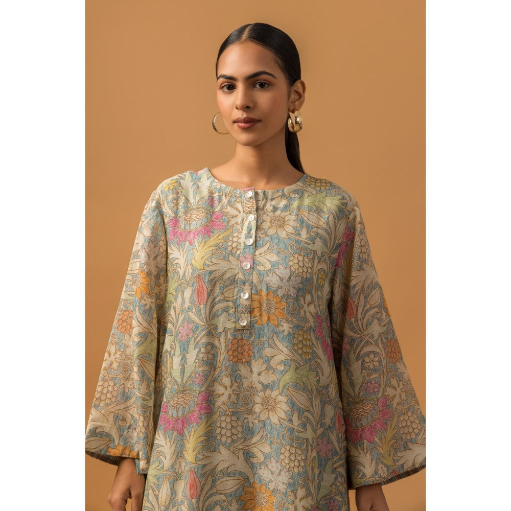 Naseebo Cyan Bloom Linen Premium Kurta with Pant - Blue