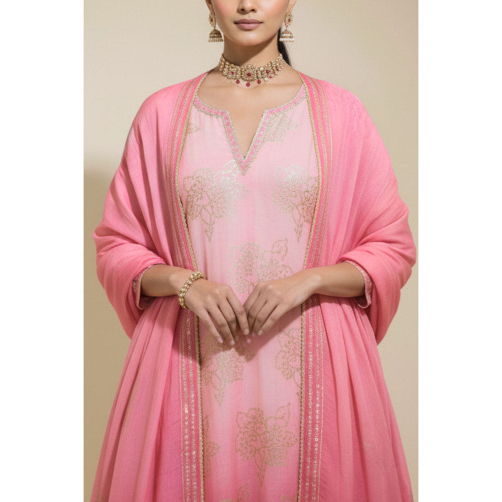 Naseebo Womens Muslin Ombre Pink Anarkali Kurta with Pant and Dupatta
