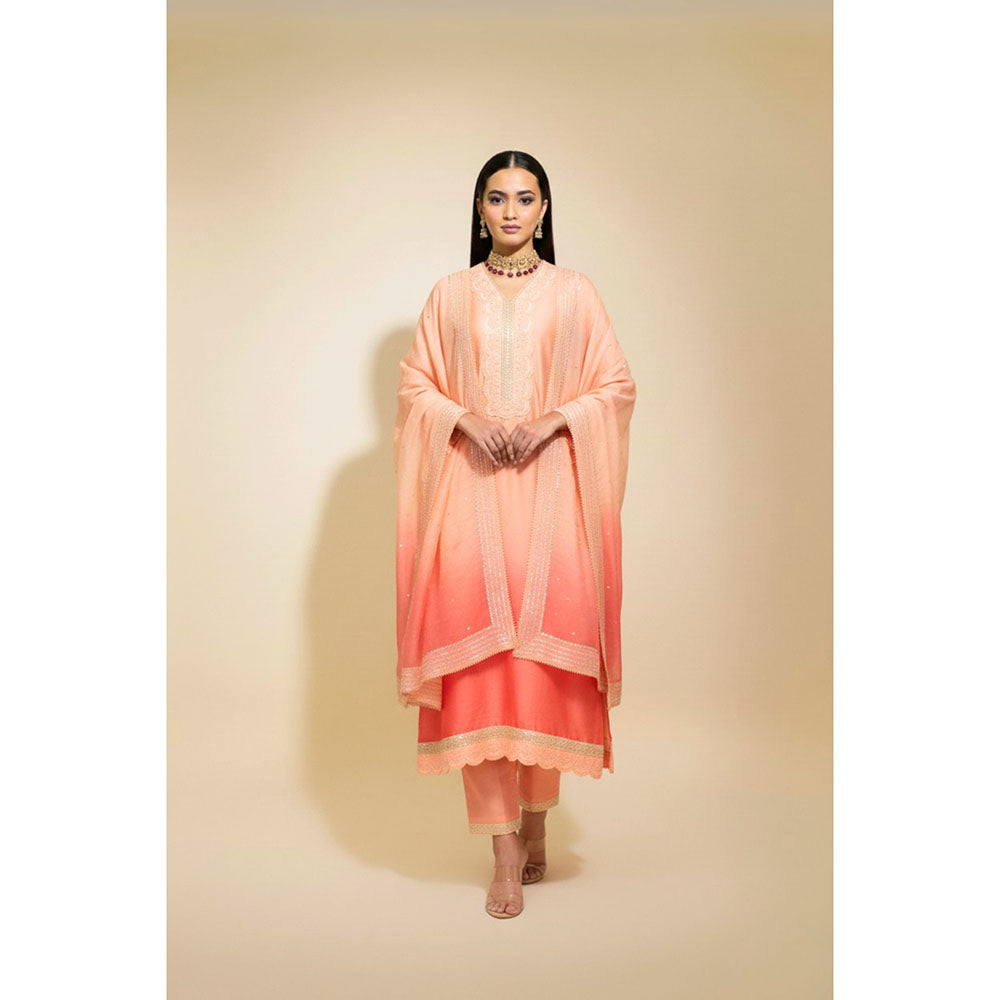 Naseebo Womens Chanderi Embroidered Peach Kurta with Pant and Dupatta