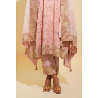 Naseebo Womens Linen Embroidered Mauve Kurta with Pant and Dupatta