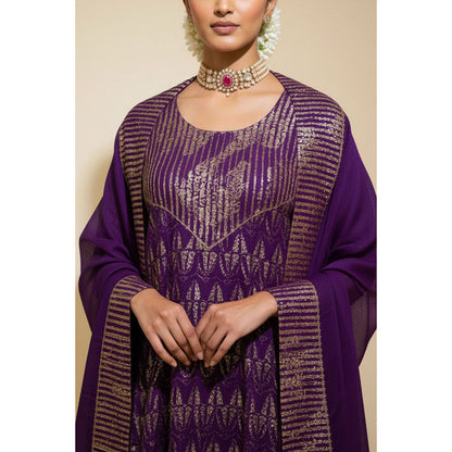 Naseebo Womens Linen Embroidered Purple Kurta with Pant and Dupatta
