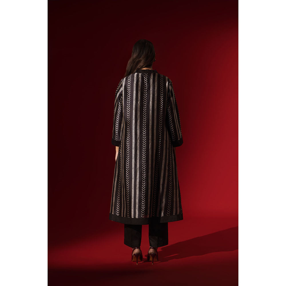 Naseebo Linear Rhythm Ebony Black Silk Kurta and Pant