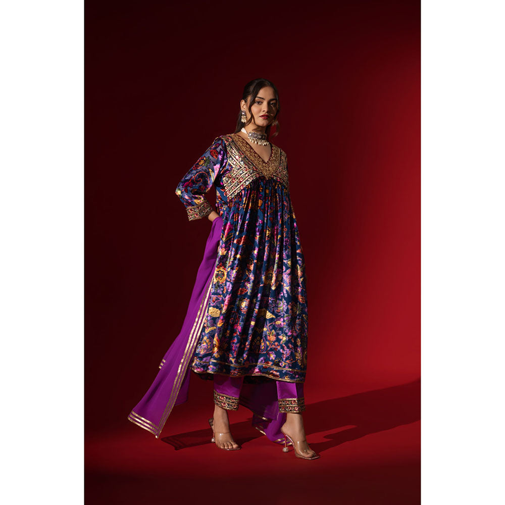 Naseebo Purple Cascade Velvet Anarkali with Pant & Dupatta