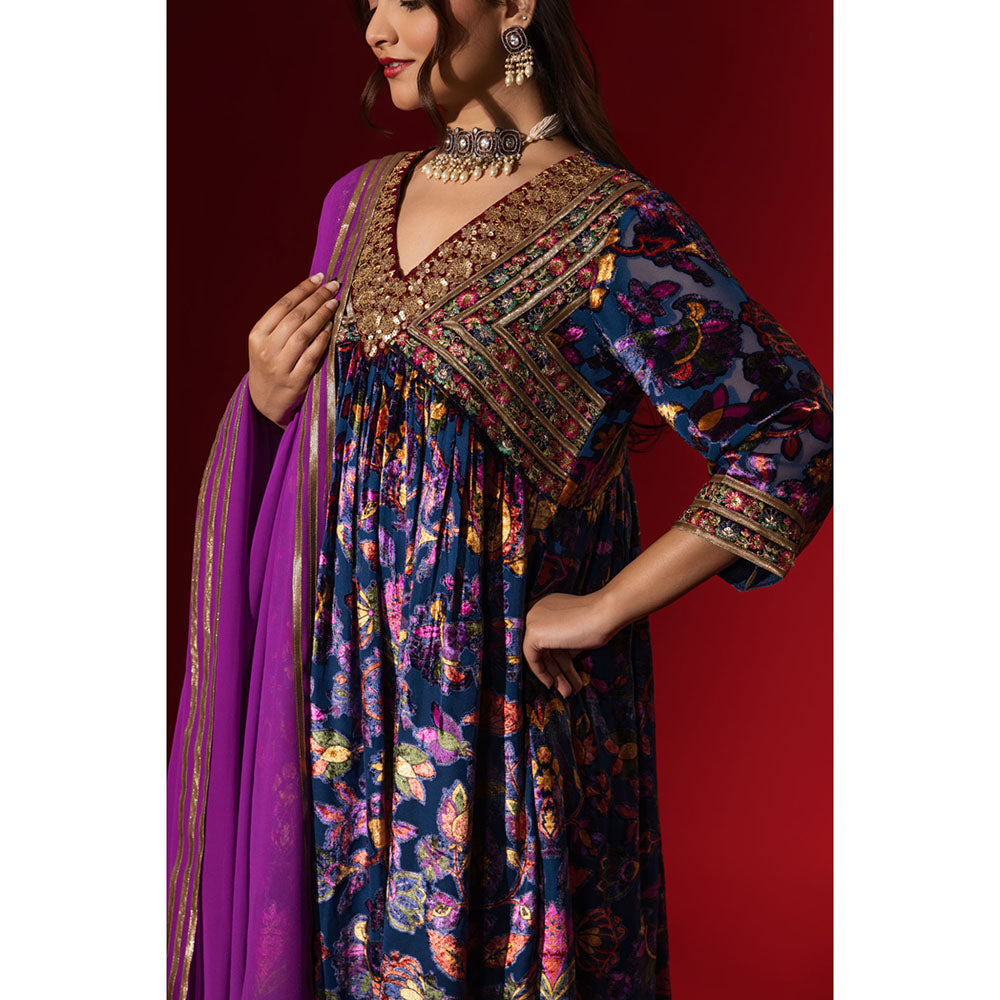 Naseebo Purple Cascade Velvet Anarkali with Pant & Dupatta