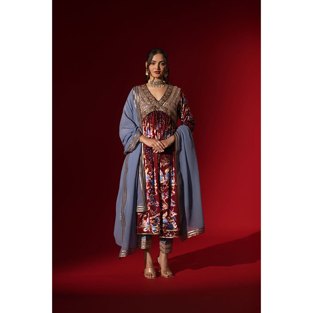 Naseebo Vintage Ruby Velvet Anarkali with Pant & Dupatta