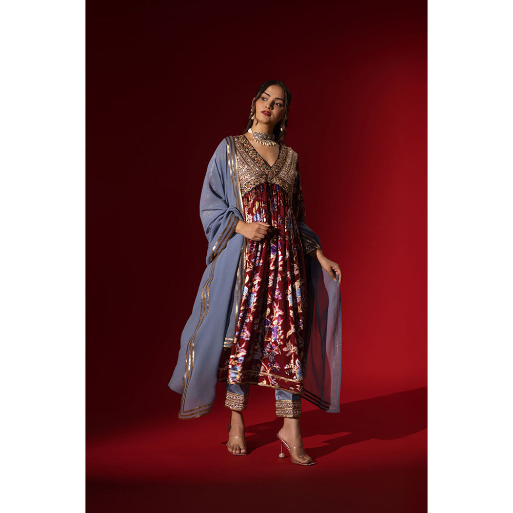Naseebo Vintage Ruby Velvet Anarkali with Pant & Dupatta