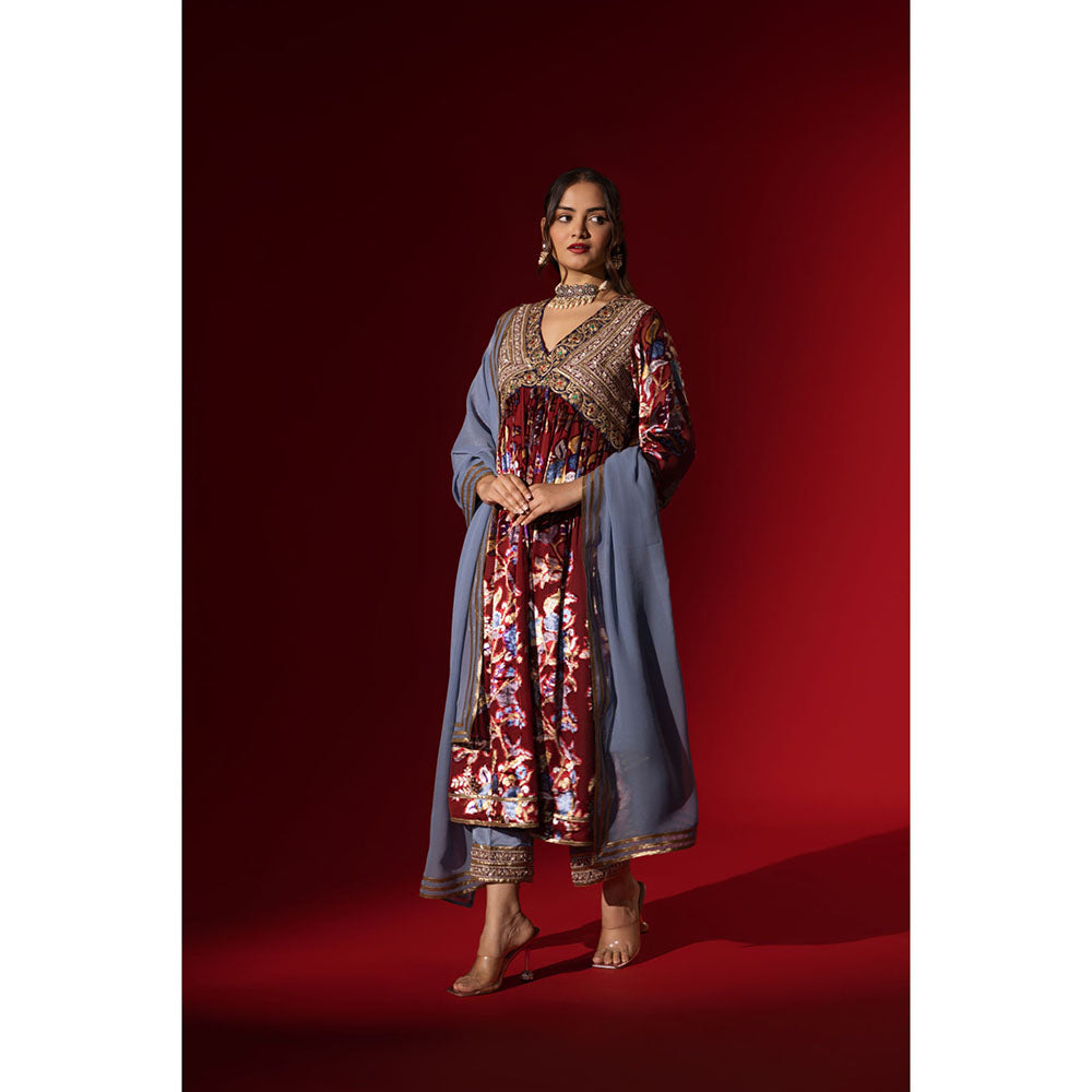 Naseebo Vintage Ruby Velvet Anarkali with Pant & Dupatta