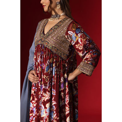 Naseebo Vintage Ruby Velvet Anarkali with Pant & Dupatta