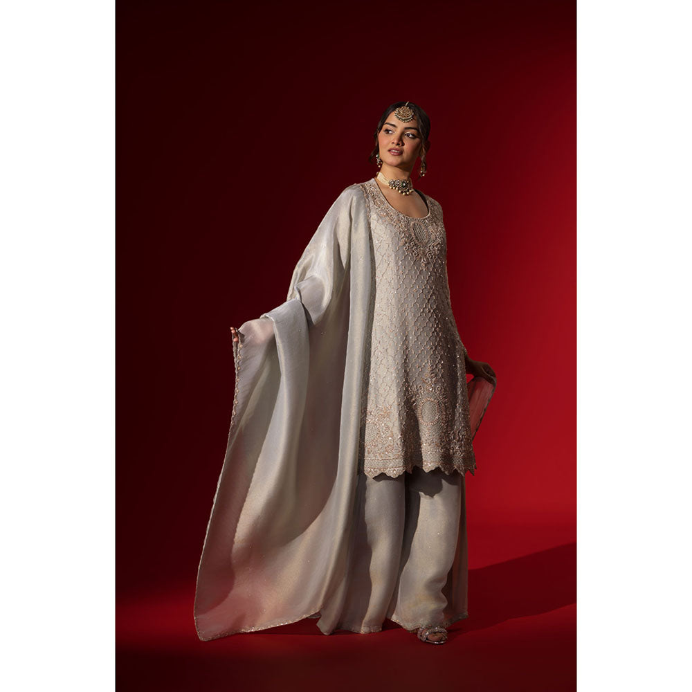 Naseebo Silver Haze Grey Embroidered Kurta with Palazzo & Dupatta