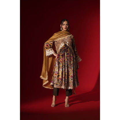 Naseebo Ochre Regal Printed Velvet Anarkali with Pant & Dupatta