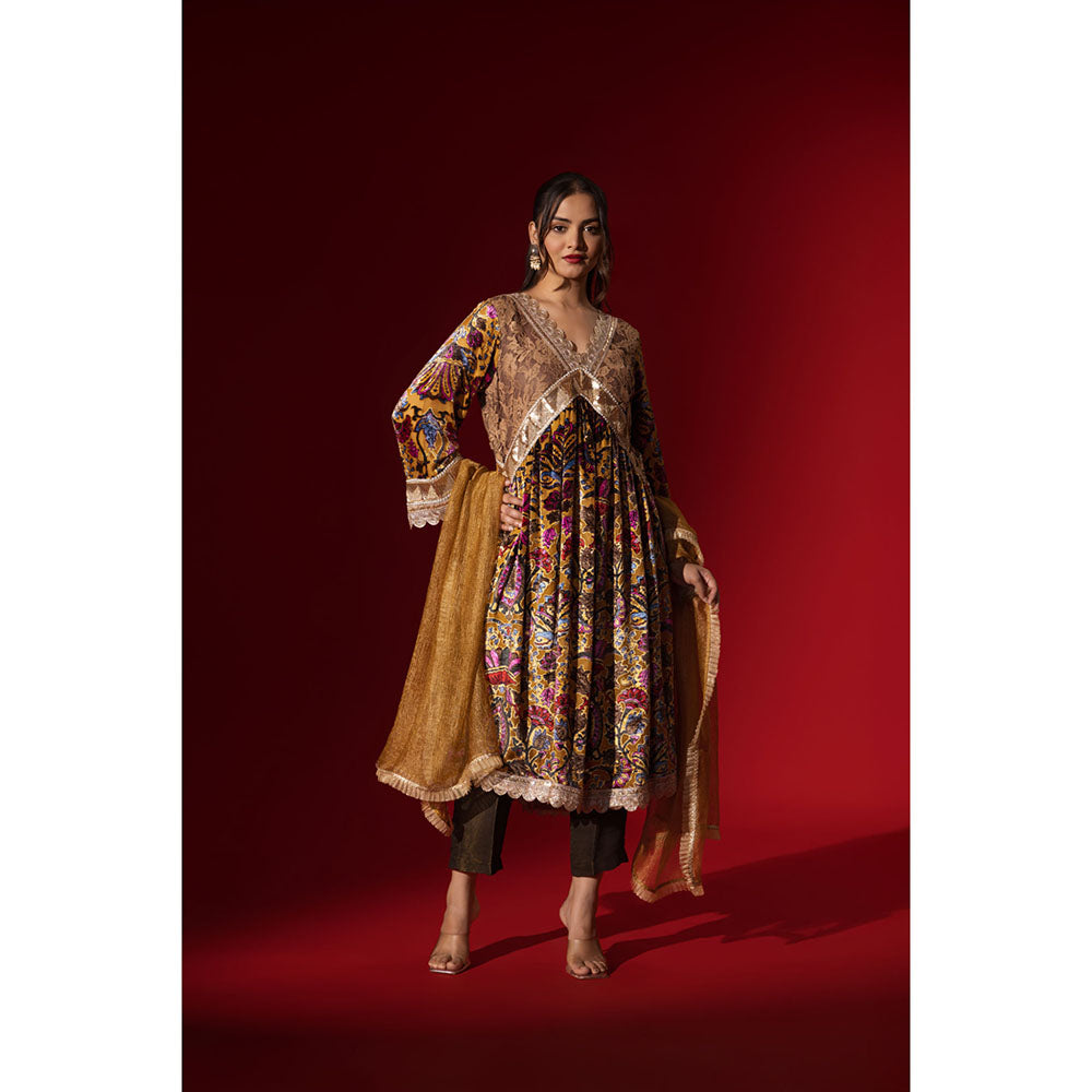 Naseebo Ochre Regal Printed Velvet Anarkali with Pant & Dupatta
