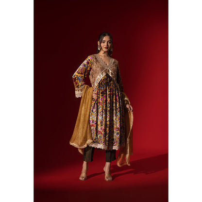 Naseebo Ochre Regal Printed Velvet Anarkali with Pant & Dupatta