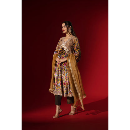Naseebo Ochre Regal Printed Velvet Anarkali with Pant & Dupatta